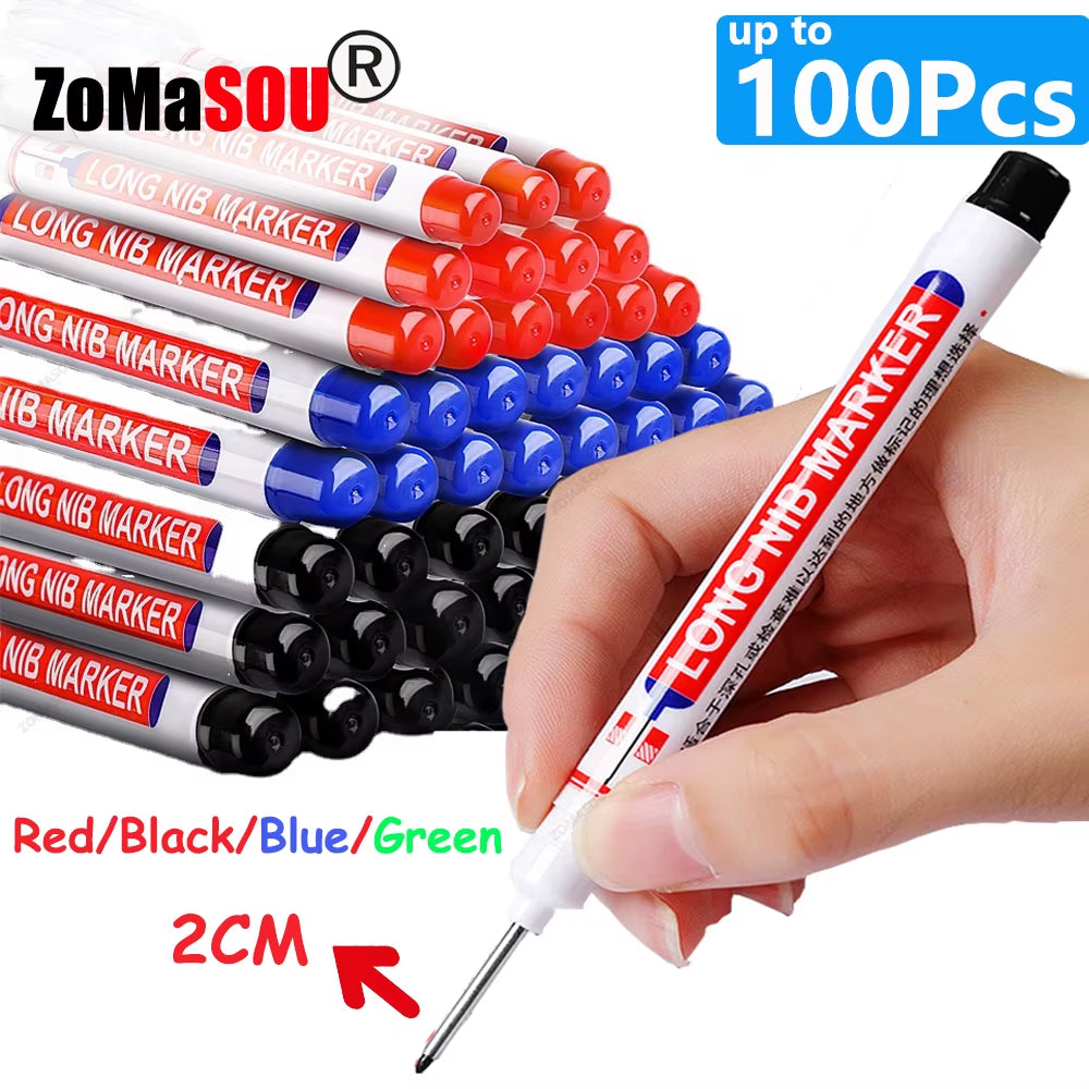 1-100Pcs 20Mm Waterproof Long Head Markers Deep Hole Marker Pen for Metal Carpenter Red/Black/Blue/Green Ink Woodworking Tools