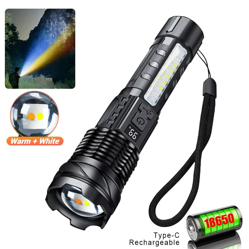 Powerful XHP50 LED Flashlight Waterproof 18650 Torch with Side Light 7 Modes Camping Fishing Lantern USB Rechargeable Zoom Lamp