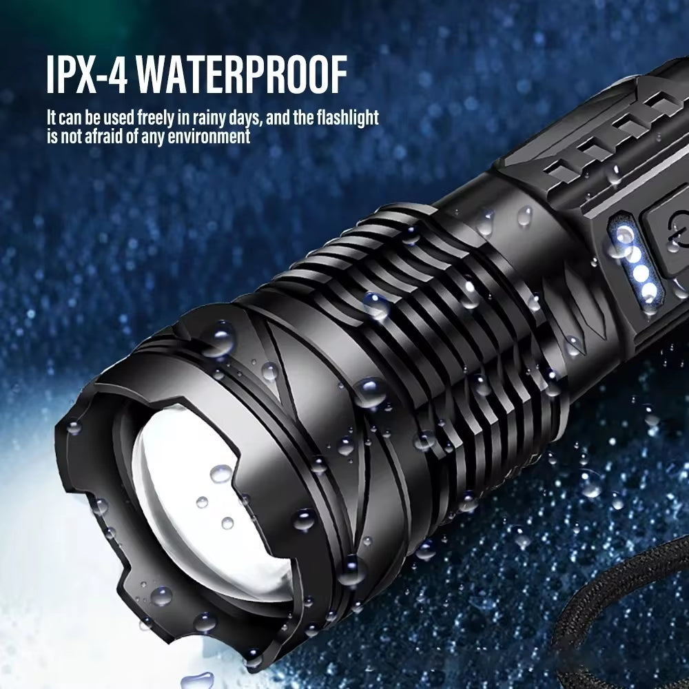 Powerful XHP50 LED Flashlight Waterproof 18650 Torch with Side Light 7 Modes Camping Fishing Lantern USB Rechargeable Zoom Lamp