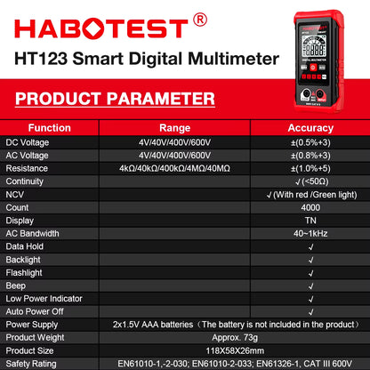 HT123 Smart Digital Multimeter AC/DC Voltage Resistance Continuity Measurement Tester NCV Multimeter with Backlight