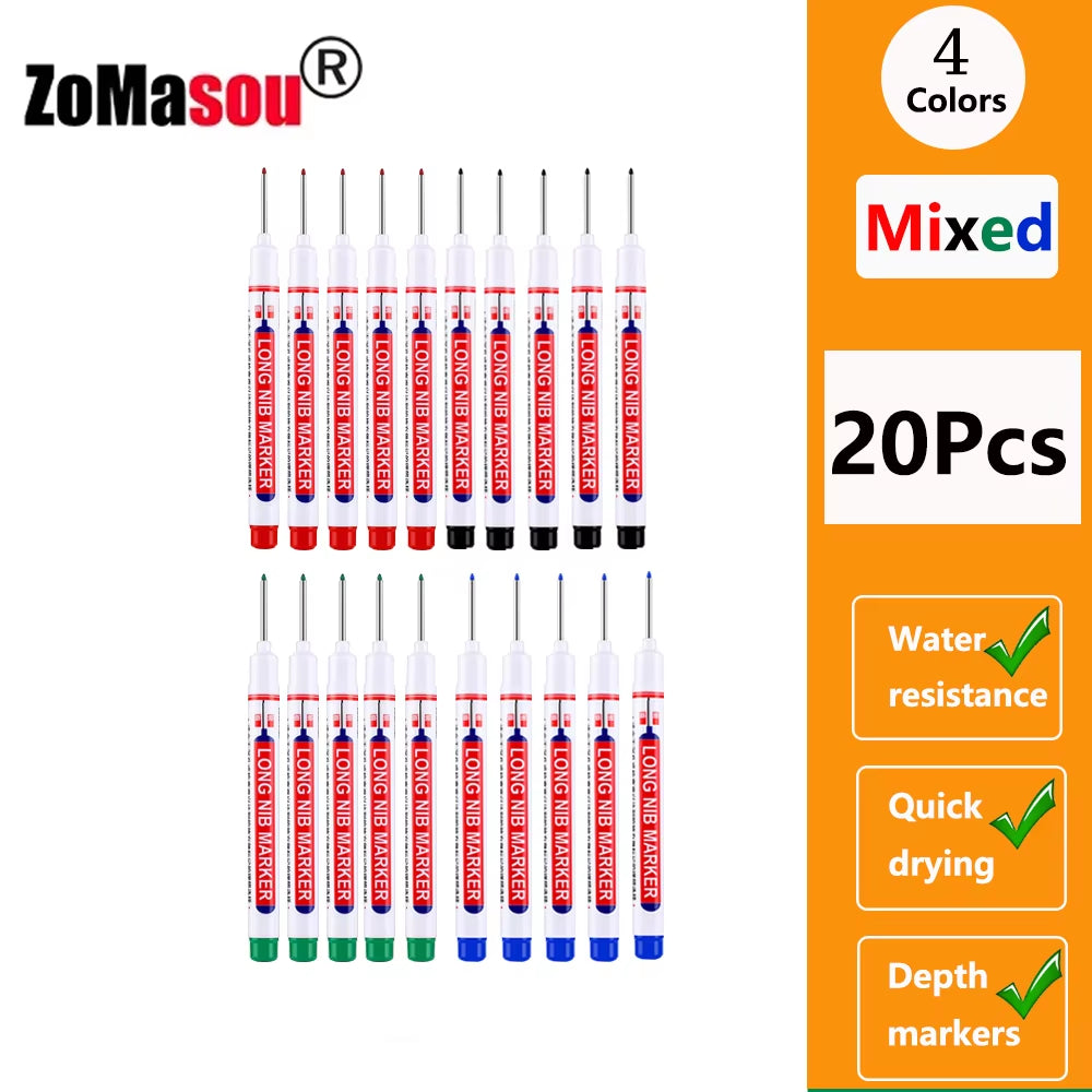 1-100Pcs 20Mm Waterproof Long Head Markers Deep Hole Marker Pen for Metal Carpenter Red/Black/Blue/Green Ink Woodworking Tools