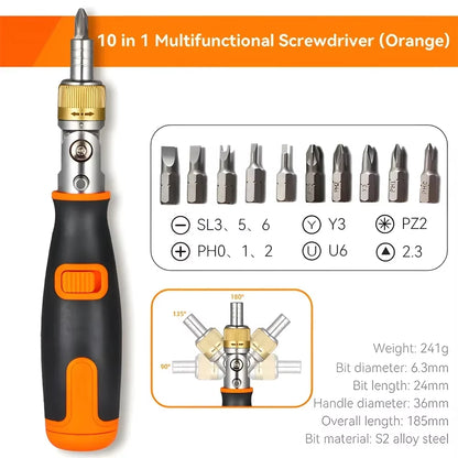 10 in 1 Multi-Angle Bidirectional Ratchet Screwdriver Adjustable Angle Hidden Bit Magazine Portable Multifunctional Repair Tools